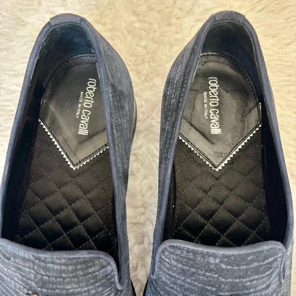 Roberto Cavalli Textured Navy Silver Logo Slip On Men’sshoes size 41 US 8